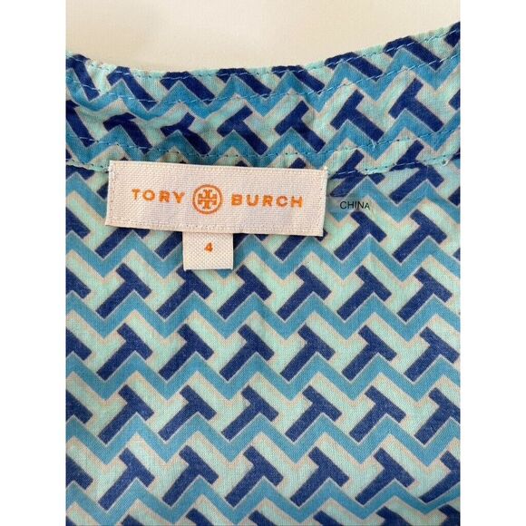 TORY BURCH Tunic Top Blouse 4 Juniper Berry T-Zag Cotton Flare Sleeve Logo - Picture 6 of 9